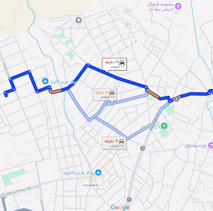 فاصله میدان ولیعصر تا ولنجک
