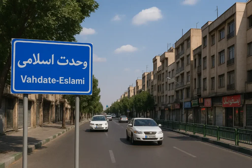 تابلوی آبی رنگ «وحدت اسلامی» در کنار خیابانی آرام در محله وحدت اسلامی تهران دیده می‌شود؛ خیابانی با ساختمان‌های چندطبقه، مغازه‌های قدیمی، درختان سبز و خودروهایی که در نور روز زیر آسمان آبی در حال عبور هستند.