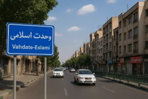 تابلوی آبی رنگ «وحدت اسلامی» در کنار خیابانی آرام در محله وحدت اسلامی تهران دیده می‌شود؛ خیابانی با ساختمان‌های چندطبقه، مغازه‌های قدیمی، درختان سبز و خودروهایی که در نور روز زیر آسمان آبی در حال عبور هستند.