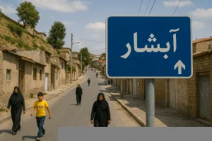 تابلوی آبی‌رنگی با نوشته «آبشار» در ابتدای خیابانی آرام و شیب‌دار دیده می‌شود؛ خیابان میان خانه‌های قدیمی آجری قرار دارد و چند عابر، از جمله زنی با چادر مشکی و پسربچه‌ای با تی‌شرت زرد، در حال عبور از آن هستند.