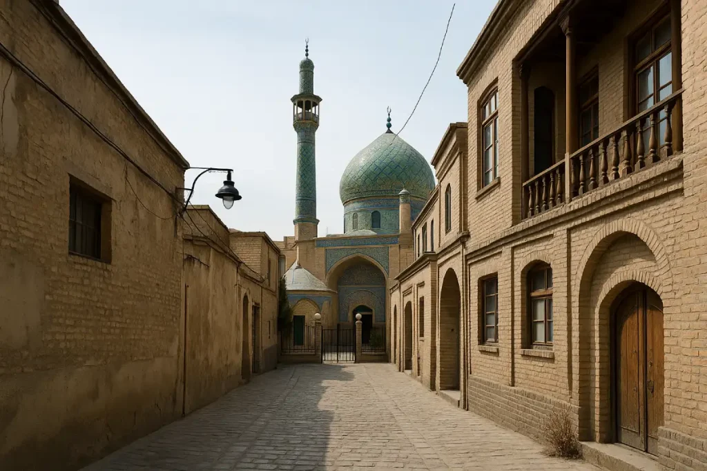 "کوچه‌ای تاریخی در محله امامزاده یحیی تهران با خانه‌های آجری قدیمی که به بنای امامزاده با گنبد فیروزه‌ای و مناره زیبا منتهی می‌شود."