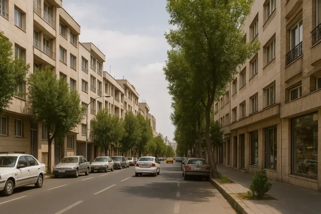 نمایی از خیابانی آرام در محله پیچ شمیران تهران با ساختمان‌های مسکونی چندطبقه، درختان سبز دو طرف خیابان و خودروهای پارک‌شده در روزی آفتابی.