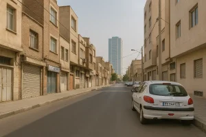 خیابان آرامی در محله حر تهران با ساختمانهای قدیمی آجری و سیمانی، چند خودروی پارکشده در حاشیه خیابان و برج بلندی در دوردست که در زیر نور ملایم روز دیده میشود.