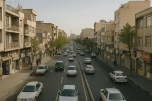 نمایی از خیابان اصلی محله خراسان در تهران، با ساختمانهای قدیمی دو طرف خیابان، مغازهها، درختان، عابران و خودروهایی که در حال حرکت هستند؛ تصویری از زندگی روزمره و بافت شهری این محله قدیمی.