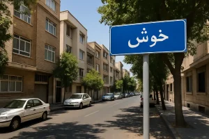 نمایی از خیابان آرام و درختکاریشده در محله خوش، با ساختمانهای آجری و روشن در دو طرف، خودروهای پارکشده در حاشیه خیابان و تابلوی آبیرنگی که نام «خوش» روی آن نوشته شده است