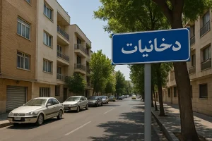 نمایی از خیابان آرام در محله دخانیات، با ساختمانهای آجری و سنگی در دو طرف، درختان سبز، خودروهای پارکشده در حاشیه خیابان و تابلوی آبیرنگی که نام «دخانیات» روی آن نوشته شده است.