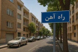 نمایی از خیابانی آرام در محله راهآهن، با ساختمانهای آجری و روشن در دو طرف، درختان سبز، خودروهای پارکشده در حاشیه خیابان و تابلوی آبیرنگی که نام «راهآهن» روی آن نوشته شده است.