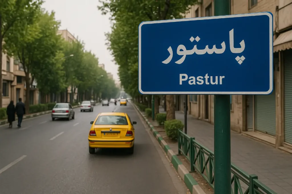 تابلوی آبی‌رنگ خیابان پاستور تهران در کنار خیابانی آرام و درخت‌کاری‌شده دیده می‌شود؛ چند خودرو از جمله یک تاکسی زرد در حال حرکت‌اند و عابران در پیاده‌رو قدم می‌زنند.