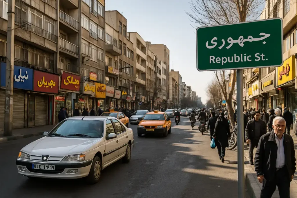نمایی از خیابان جمهوری تهران در روز، با تردد خودروها و عابران پیاده در میان مغازه‌ها و ساختمان‌های قدیمی در دو سوی خیابان.