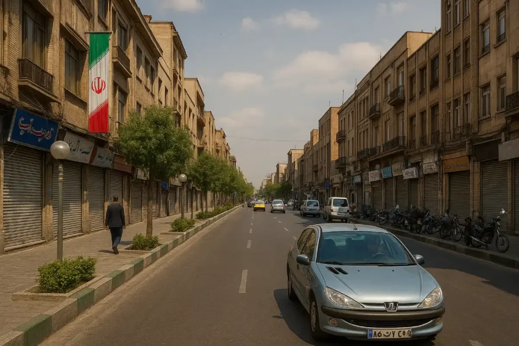 نمایی از خیابان لاله‌زار نو تهران در روزی آفتابی، با ساختمان‌های قدیمی آجری در دو طرف خیابان، خودروها و تاکسی‌های در حال حرکت، درختان سبز و پرچم ایران نصب‌شده بر یکی از ساختمان‌ها.