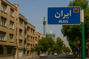 نمایی از خیابانی در محله ایران تهران، با تابلوی آبی رنگ «ایران» در پیش‌زمینه و گنبد فیروزه‌ای مسجدی در پس‌زمینه، در میان ساختمان‌ها و درختان سبز در یک روز آفتابی.