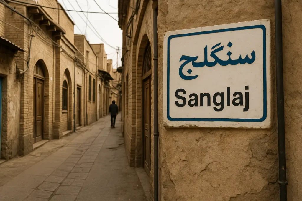 تابلوی خیابان سنگلج در یکی از کوچه‌های قدیمی تهران با دیوارهای آجری و مسیر باریک سنگ‌فرش شده، در حالی که مردی در انتهای کوچه در حال قدم زدن است.