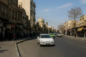 نمایی از خیابان مولوی تهران با ساختمان‌های آجری قدیمی، مغازه‌های شلوغ، عابران پیاده و خودروهایی که در حال عبور هستند. در پس‌زمینه، گنبد فیروزه‌ای مسجدی تاریخی دیده می‌شود و آسمان آبی صاف بالای محله را پوشانده است.