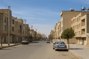 خیابان آرام و خلوتی در محله‌ای شهری با ساختمان‌های آجری و چندطبقه در دو طرف، چند خودرو پارک‌شده در کنار خیابان، درختان خشک زمستانی و آسمان آبی صاف در پس‌زمینه.