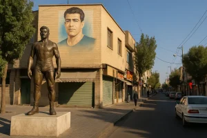 نمایی واقعی از خیابان‌های محله تختی در ایران که مجسمه غلامرضا تختی، قهرمان ملی کشتی، در مرکز تصویر قرار دارد و دیواری با تصویر نقاشی‌شده او در پس‌زمینه دیده می‌شود؛ خیابانی آرام با مغازه‌های بسته، چند عابر و خودرو در دو طرف مسیر.