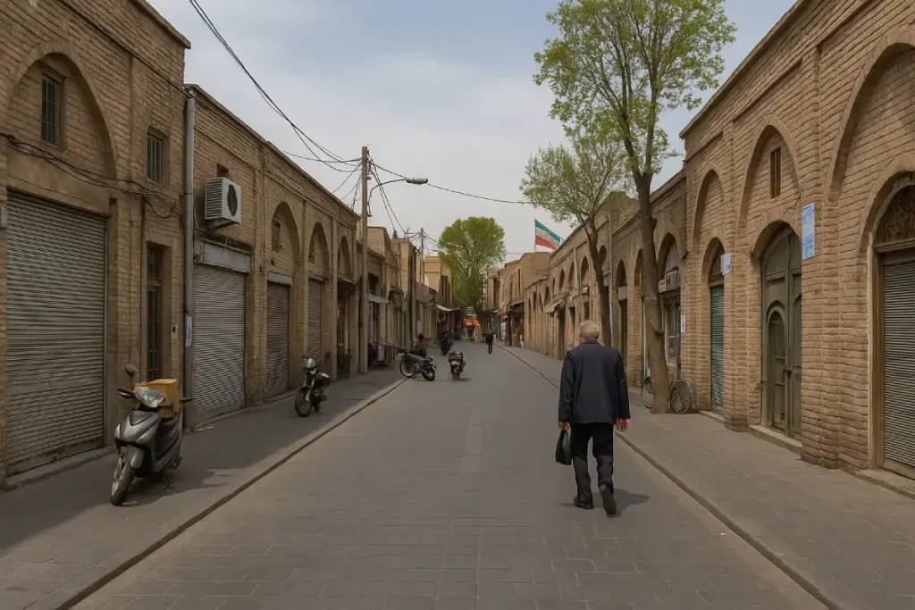 نمایی از کوچه‌ای قدیمی در محله پامنار با ساختمان‌های آجری سنتی، درهای چوبی، موتورسیکلت‌های پارک‌شده و رهگذری مسن که در مسیر سنگ‌فرش‌شده قدم می‌زند؛ در پس‌زمینه درختان و پرچم ایران دیده می‌شود.