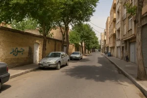 نمایی از یکی از خیابان‌های محله هرندی در تهران، با ساختمان‌های آجری قدیمی، درختان سایه‌دار در دو طرف خیابان و چند خودرو پارک‌شده در کنار پیاده‌رو در روزی آفتابی.