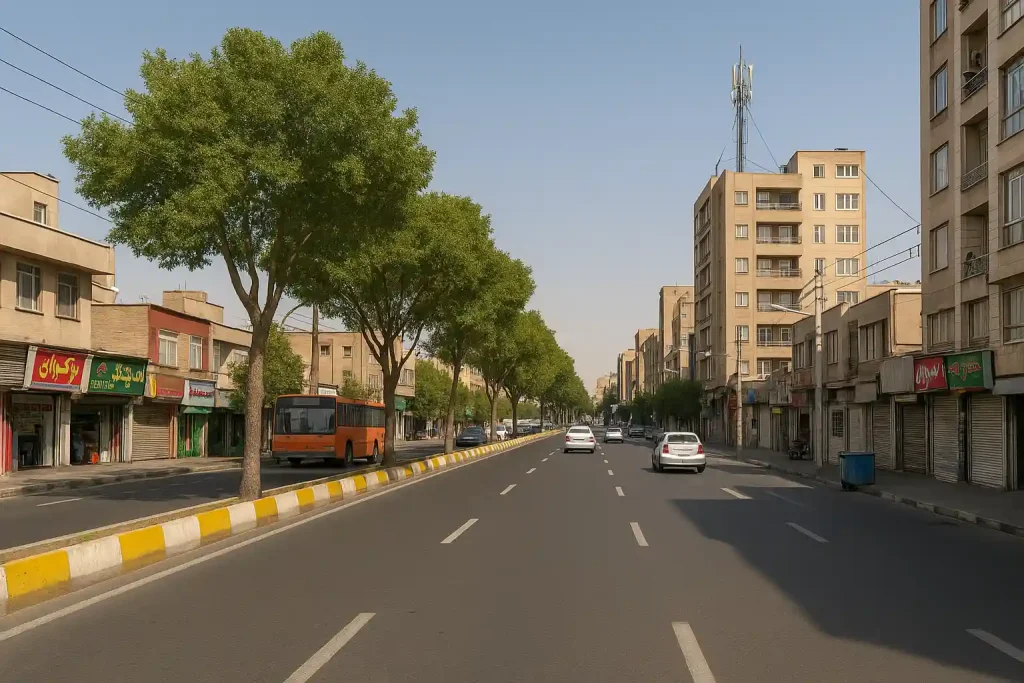 نمایی از خیابان اصلی محله پیروزی در تهران، با ساختمان‌های چندطبقه، درختان سبز در وسط بلوار، خودروهای در حال حرکت و تابلوهای مغازه‌ها در دو طرف خیابان در روزی آفتابی.