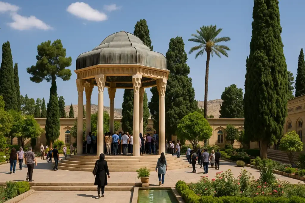 نمایی از آرامگاه حافظ در شیراز، با عمارت هشت‌ضلعی و گنبد فیروزه‌ای در میان درختان سرو و نخل بلند، بازدیدکنندگان در اطراف آرامگاه در حال قدم‌زدن و تماشای فضای سرسبز و آرام محوطه هستند.