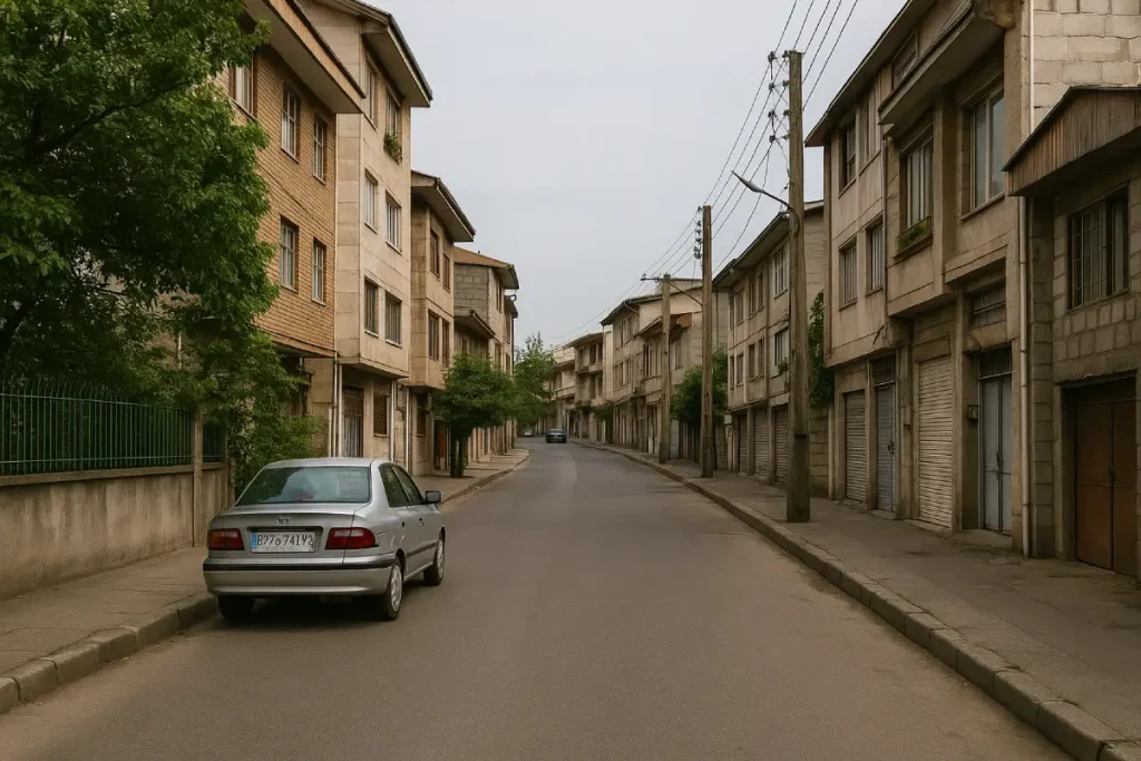 نمایی از خیابانی آرام در محله زاهد گیلانی با ساختمان‌های چندطبقه آجری و سیمانی، درختان سبز در حاشیه پیاده‌رو و خودرویی پارک‌شده در کنار خیابان در هوایی ابری.