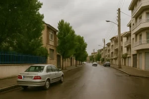 نمایی از خیابانی آرام در محله‌ای مسکونی با ساختمان‌های چندطبقه، درختان سبز، چند خودرو پارک‌شده در کنار خیابان و هوایی ابری پس از باران.