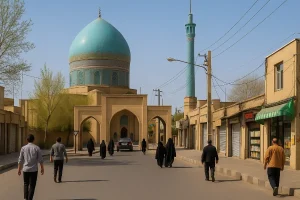 نمایی واقعی از محله ری در تهران، با گنبد فیروزهای و مناره مسجد تاریخی، خیابانهای قدیمی با مغازههای محلی و عابران در حال رفتوآمد در یک روز آفتابی.