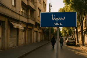 «تابلوی خیابان آبیرنگ با نوشته فارسی "سینا" در محلهای آرام از تهران، در حالیکه دو نفر در خیابان درختدار و خلوت زیر نور گرم غروب قدم میزنند.»