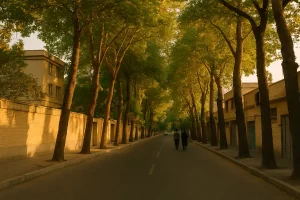 «خیابان آرام و درختکاریشده محله قصرالدشت شیراز در نور گرم غروب، با ردیف درختان بلند دو طرف خیابان، دیوارهای آجری خانهها و دو نفر که در سکوت عصرگاهی در مسیر پیادهروی میکنند.»