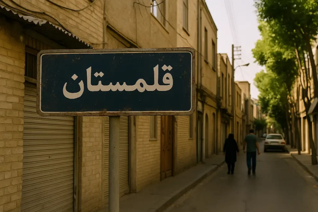 «تابلوی خیابان آبی‌رنگ با نوشته فارسی "قلمستان" در محله‌ای قدیمی و آرام از اصفهان، در حالی‌که دو نفر در خیابان خلوت با ساختمان‌های آجری و نور گرم غروب در حال قدم‌زدن هستند.»