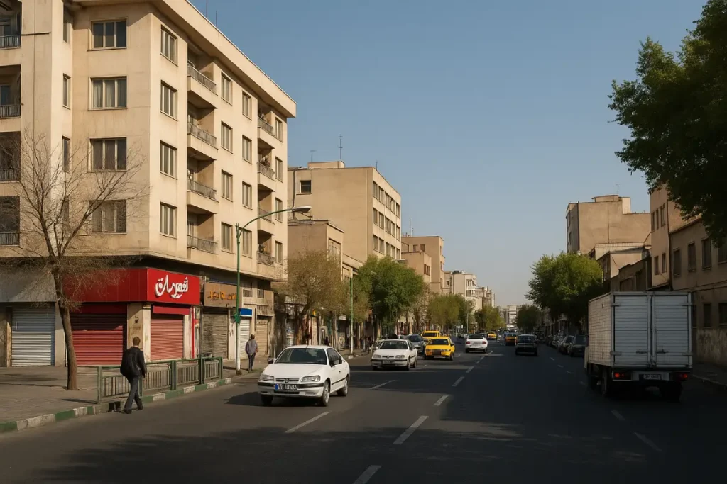 نمایی از خیابان کارگر جنوبی در تهران، با ساختمان‌های چندطبقه، مغازه‌ها، خودروهای در حال حرکت و درختانی که دو سوی خیابان را پوشانده‌اند در یک روز آفتابی.