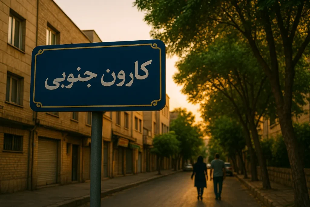 «تابلوی خیابان آبی‌رنگ با نوشته فارسی "کارون جنوبی" در میان خیابانی آرام و درخت‌کاری‌شده از تهران، در حالی‌که نور طلایی غروب بر دیوارها و شاخه‌ها تابیده و دو نفر در سکوت عصرگاهی در حال قدم‌زدن هستند.»