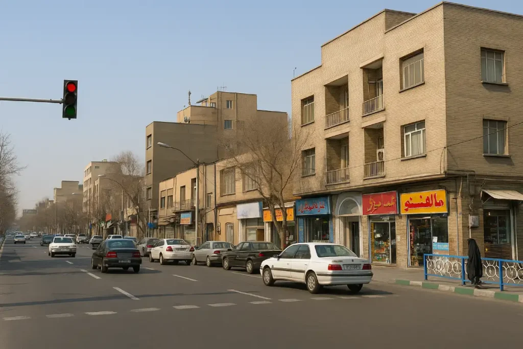 نمایی از خیابان اصلی محله‌ای قدیمی با ساختمان‌های آجری و مغازه‌هایی در طبقهٔ همکف؛ خودروها در دو طرف خیابان پارک شده‌اند و یک زن با چادر مشکی در پیاده‌رو در حال عبور است، در حالی که چراغ قرمز ترافیک بالای تصویر روشن است.