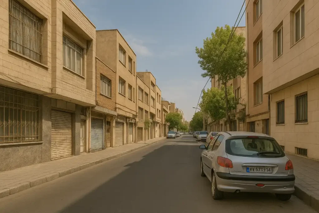 خیابان آرامی در محله هلال‌احمر تهران با ساختمان‌های مسکونی آجری و سیمانی، چند خودرو پارک‌شده در حاشیه خیابان، درختان سبز کنار پیاده‌رو و آسمان آبی روشن در یک روز آفتابی.