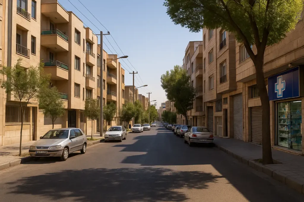 خیابانی آرام و تمیز با ساختمان‌های مسکونی نوساز و نماهای سنگی، درختان سبز در دو طرف خیابان و خودروهای پارک‌شده در کنار پیاده‌رو در محله‌ای شهری و آفتابی.