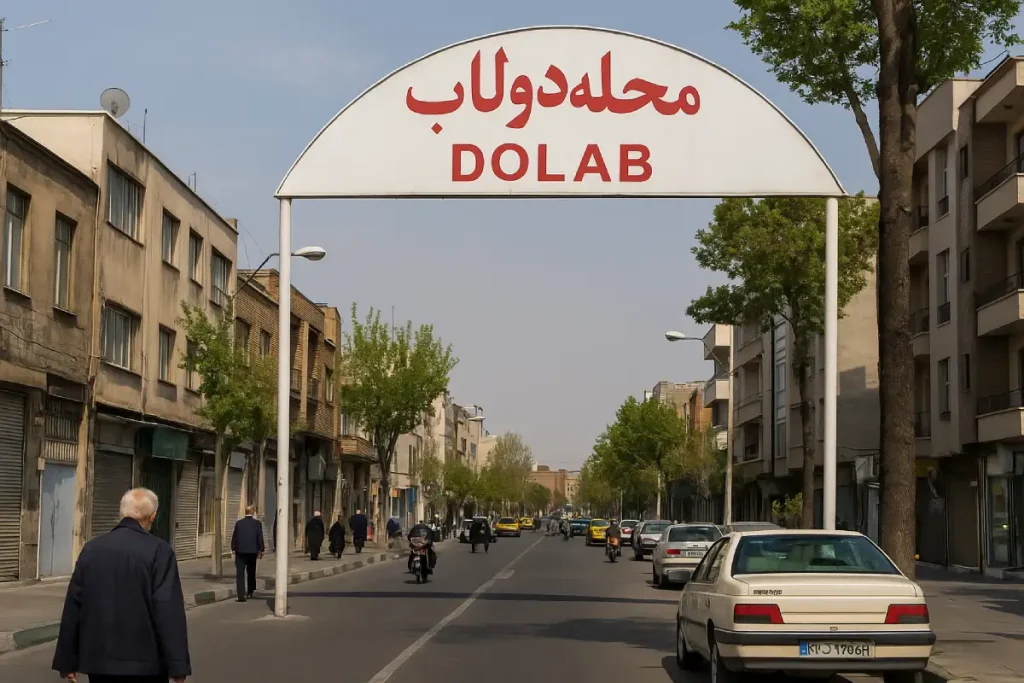 "نمایی از خیابان اصلی محله دولاب در تهران، با درختان سبز در دو طرف خیابان، ساختمان‌های قدیمی، خودروهای پارک‌شده و رهگذران در حال تردد در هوای آفتابی."