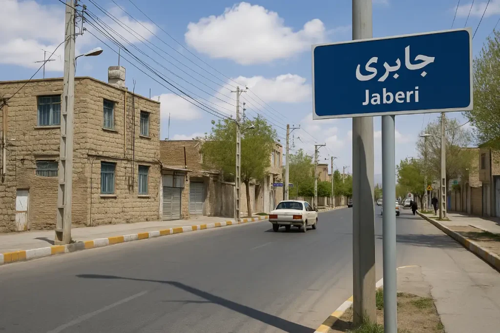 تابلوی آبی‌رنگ خیابان جابری در کنار خیابانی آرام با خانه‌های خشتی و درختان سبز در یک روز آفتابی.