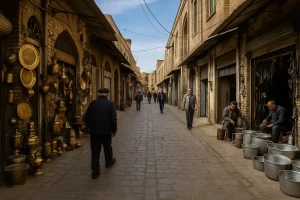 نمایی از گذر قدیمی محله آهنگران با مغازههای فلزکاری و مسگری در دو طرف کوچه، مردمی که در حال رفتوآمد هستند و ساختمانهای آجری سنتی زیر آسمان آبی.