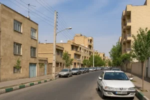 نمایی از یک خیابان آرام در محلهای مسکونی با ساختمانهای آجری چندطبقه، درختان جوان در دو طرف خیابان و چند خودرو پارکشده در کنار پیادهرو در روزی آفتابی.