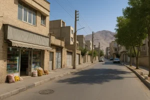 نمایی از یک خیابان آرام در محلهای مسکونی با ساختمانهای آجری، درختان سبز در حاشیه پیادهرو، چند خودروی پارکشده و کوههای خشک در پسزمینه در یک روز آفتابی.