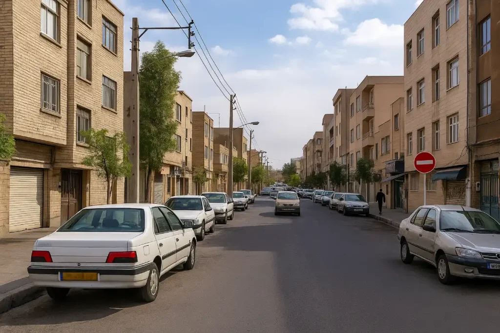 نمایی از خیابانی آرام در محله‌ای مسکونی با ساختمان‌های آجری چندطبقه، خودروهای پارک‌شده در دو طرف خیابان و آسمانی نیمه‌ابری در پس‌زمینه.