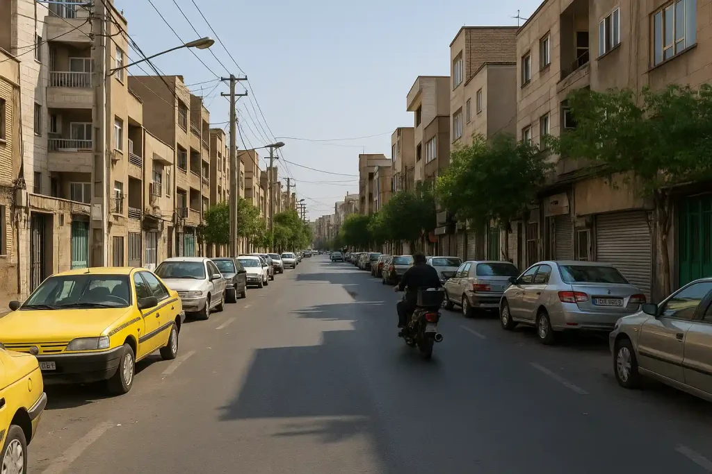 خیابانی آرام در محله‌ای مسکونی با ساختمان‌های آجری چند طبقه، خودروهای پارک‌شده در دو طرف خیابان، موتورسوار در حال عبور و درختانی که در امتداد پیاده‌رو سایه ایجاد کرده‌اند، در یک روز آفتابی.