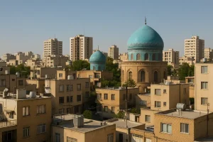 نمایی از محله قصر فیروزه در تهران با ساختمانهای آجری و گنبدهای فیروزهای مسجد در میان بافت شهری، در پسزمینه برجهای بلند و آسمان صاف آبی دیده میشود.