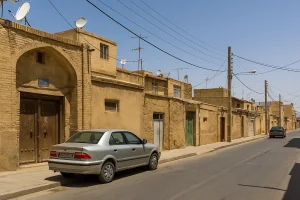 نمایی از یکی از کوچههای محله دژکام شیراز با خانههای سنتی خشتی، درهای چوبی قدیمی، خودروهای پارکشده و سیمهای برق در زیر آسمان آفتابی.