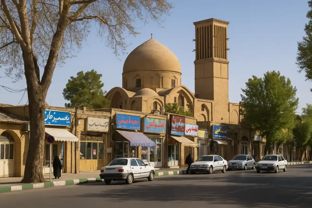 نمایی از محله بروجردی در ایران، با معماری سنتی آجری شامل گنبد و بادگیر، مغازه‌های قدیمی با تابلوهای رنگی، درختان کنار خیابان و خودروهایی که در خیابان پارک شده‌اند، در یک روز آفتابی.