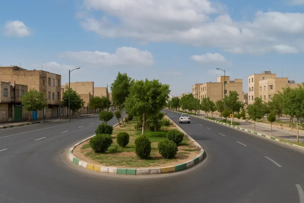 خیابانی خلوت در محله خاوران با ساختمان‌های آجری کم‌ارتفاع در دو طرف، درختان سبز در فضای سبز وسط خیابان و آسمانی آبی با ابرهای پراکنده در روزی آفتابی.