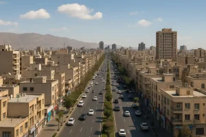 نمایی هوایی از محله نبرد تهران با خیابان عریض، ساختمانهای آجری چندطبقه، ترافیک شهری و کوههای البرز در پسزمینه زیر آسمان آبی صاف.