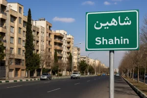 نمایی از خیابان اصلی محله شاهین در تهران با ساختمانهای مسکونی مدرن، درختان خیابانی و تابلوی سبزرنگی که نام محله «شاهین» روی آن نوشته شده است.