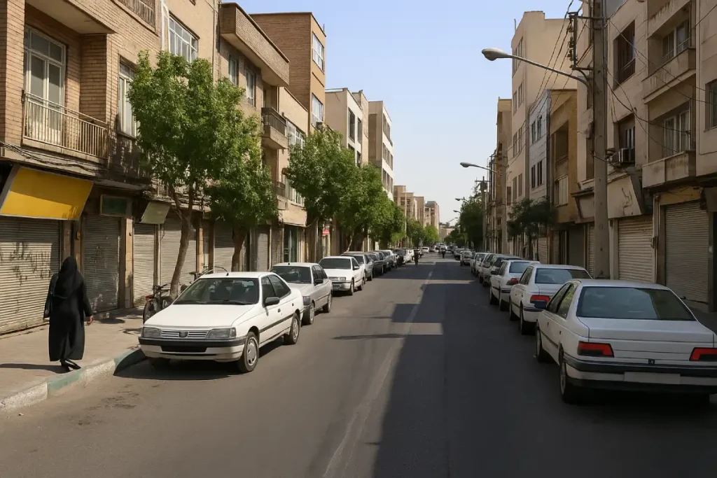 نمایی از خیابان آرام و مسکونی در محله شهرابی (قیام) تهران، با ساختمان‌های آجری، مغازه‌های بسته، خودروهای پارک‌شده در دو طرف خیابان و درختان سبز در نور روز تابستانی.