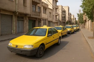 ردیفی از تاکسیهای زرد در خیابانی آرام با ساختمانهای قدیمی و درختان در دو طرف خیابان در محلهای شهری.