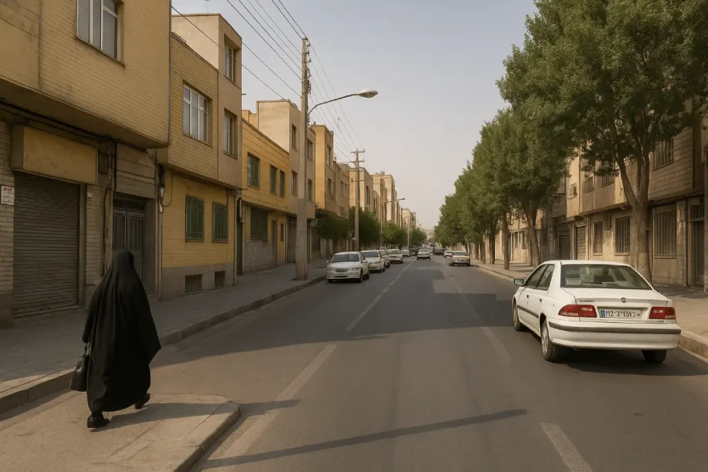 نمایی از خیابانی آرام در محله‌ای شهری با ساختمان‌های آجری، درختان سبز در دو طرف خیابان، خودروهای پارک‌شده و زنی با چادر مشکی که در پیاده‌رو قدم می‌زند.